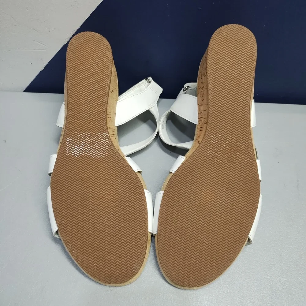 Lands' End Wedge Strappy Sandals Womens 9B White Cushioned Open Toe Hook & Loop